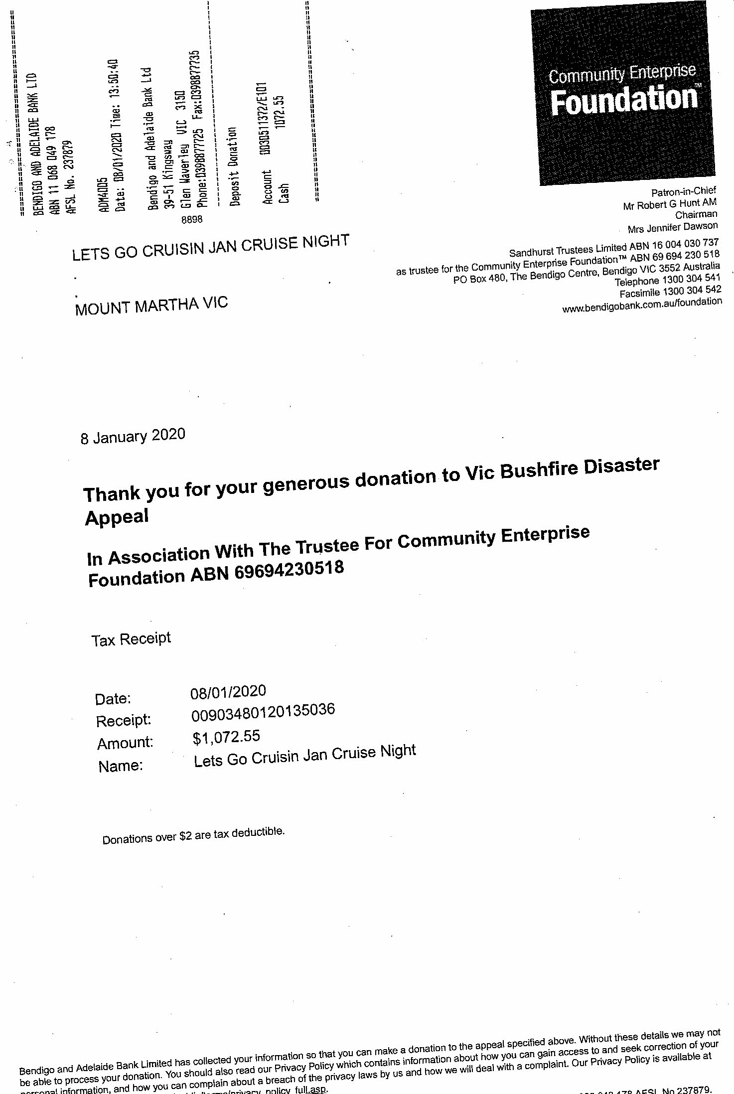 Bendigo Bush Fire Appeal Receipt Jan 2020 Cruise Night Bendigo Bush Fire Appeal Receipt Jan 2020 Cruise Night